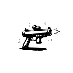 Stylized depiction of a compact firearm rendered in stark black and white art