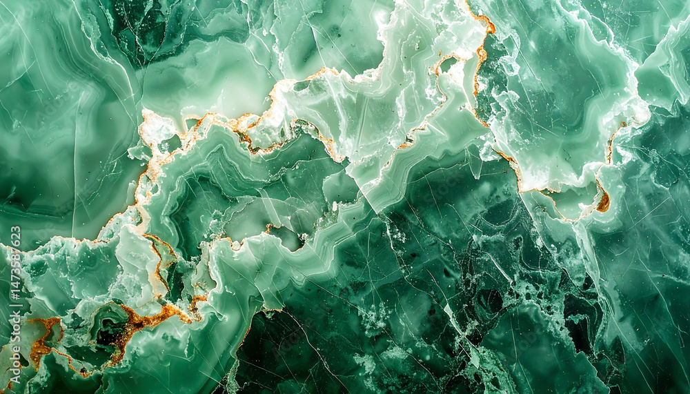 Poster a close-up view of green marble displaying intricate patterns and textures with hints of gold veins 