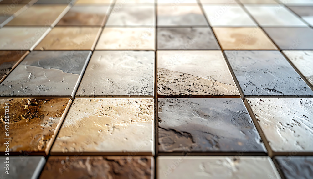 Poster textured tiles in earthy tones create a visually appealing surface, showcasing a blend of colors and