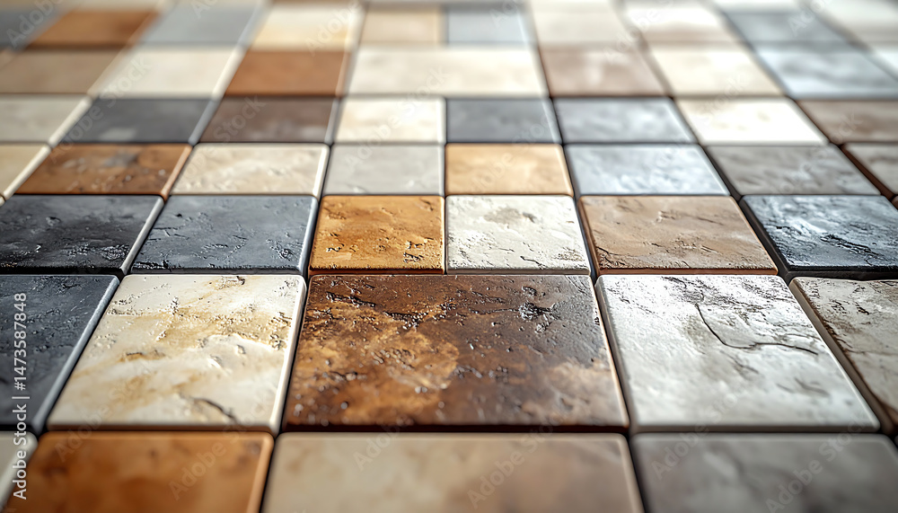 Poster a close-up view of a textured tile floor featuring a variety of warm and cool colors arranged in a g