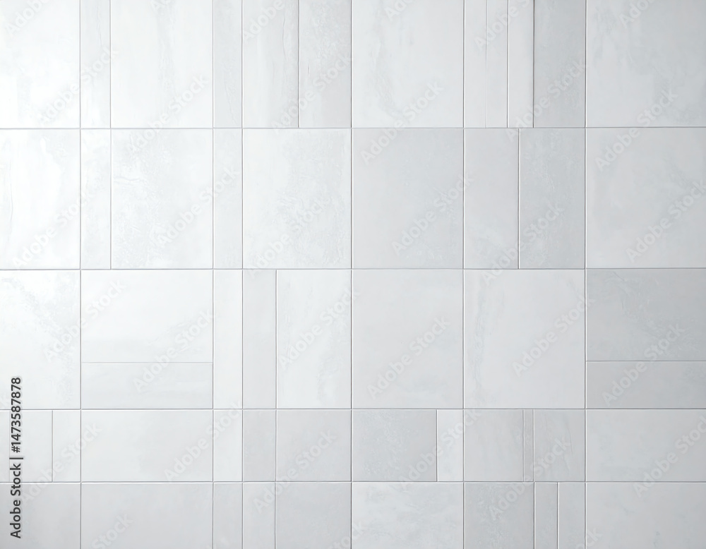 Poster a smooth, modern tiled wall featuring a pattern of varying rectangular shapes in soft white tones, o