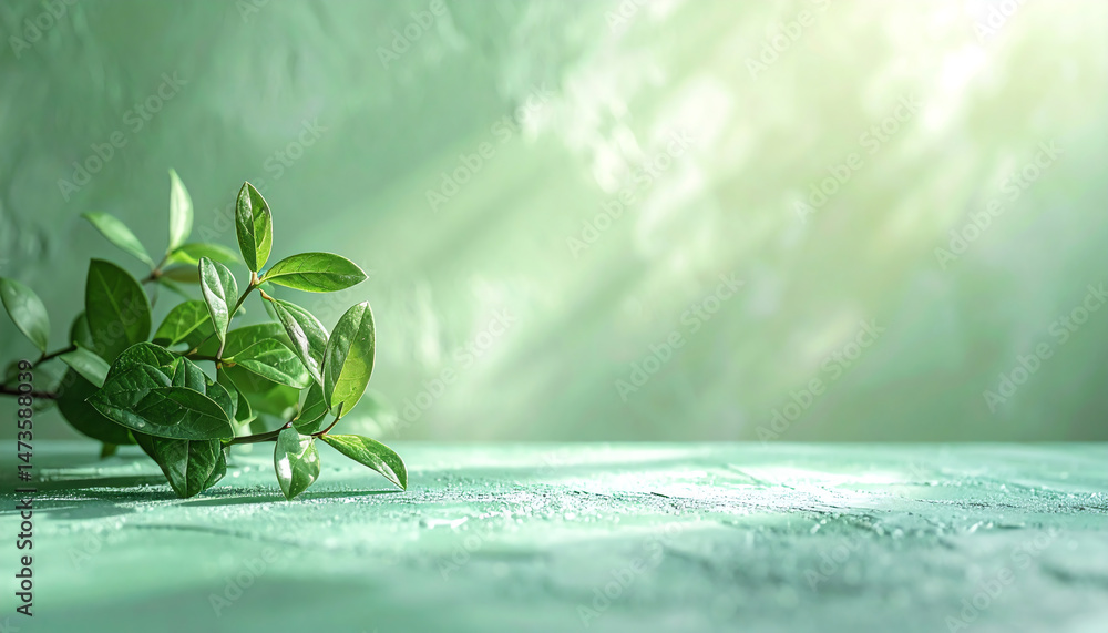 Poster a serene green background features a delicate branch with fresh leaves, illuminated by soft light, c