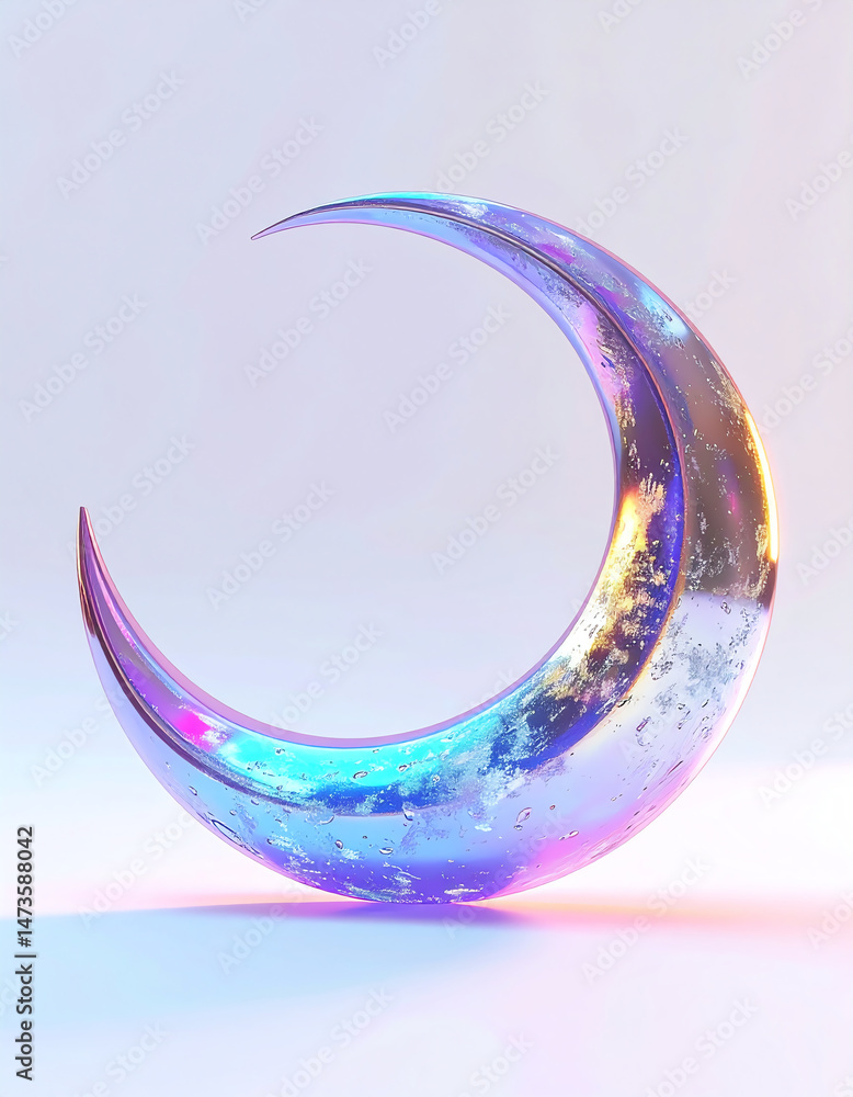Poster a shimmering crescent moon shape with a reflective surface, showcasing vibrant colors and a cosmic t