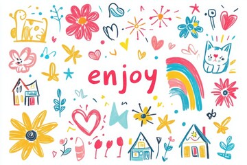 colorful kids doodle drawings of hearts, flowers, and rainbows, cute crayon-style vector set on white background