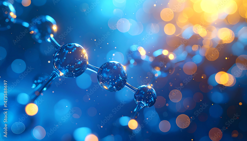 Poster abstract representation of molecular structures with shimmering blue and gold particles, conveying a