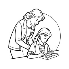 a teacher leaning over to guide a student line art vector