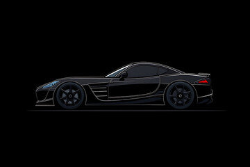 Sleek black sports car in profile view, showcasing aerodynamic design against a dark backdrop