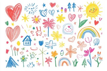 Fototapeta premium colorful kids doodle drawings of hearts, flowers, and rainbows, cute crayon-style vector set on white background