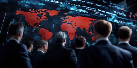 Economic Risk Concenpt, Business professionals observing a digital world map with data analytics displayed.