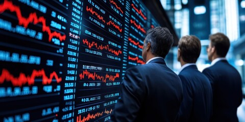 Obraz premium Economic Risk Concenpt, Business professionals analyzing stock market data on digital displays.