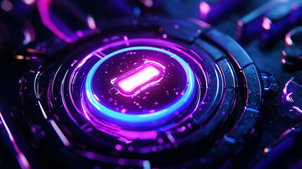 A close-up of a complex, metallic circular mechanism with glowing purple and blue lights emanating from its center and edges. 