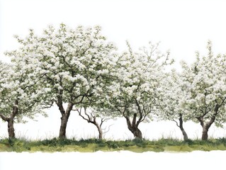 Fototapeta premium Watercolor depiction of an apple orchard in bloom, white background