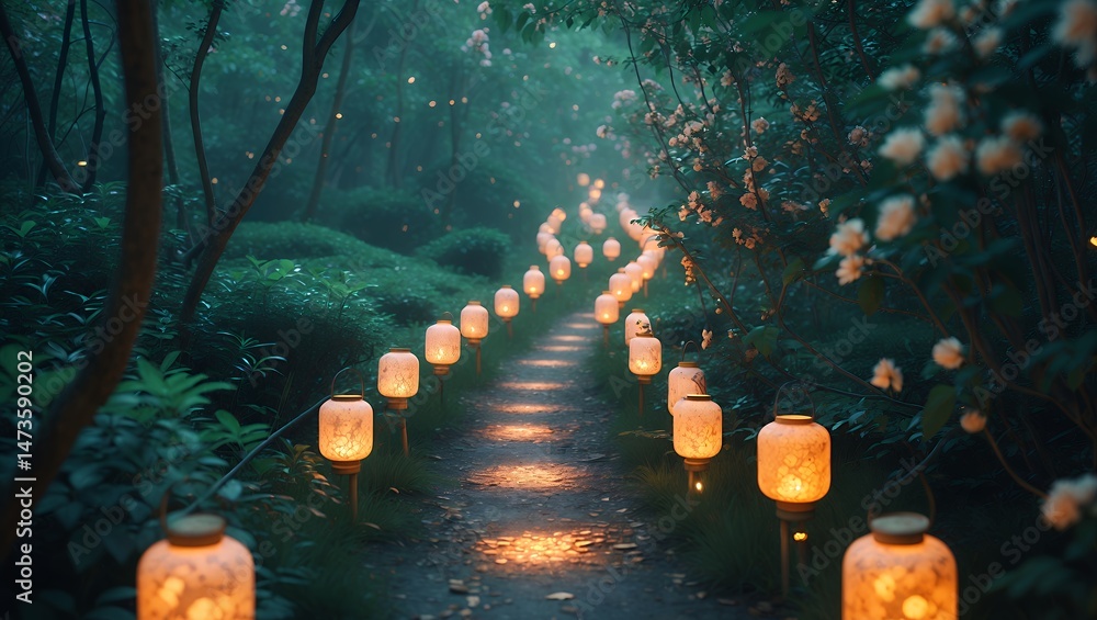 Aufkleber illuminated pathway through dark forest with lanterns and soft lighting