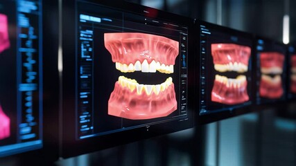 Multiple holographic displays show different angles and cross sections of a patients dental structure as a dentist and plans for orthodontic treatment	 - Powered by Adobe