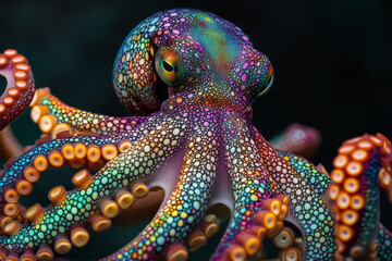 colorful octopus with vibrant tentacles made of dots showcases its intricate patterns and textures, creating mesmerizing underwater scene filled with life and beauty