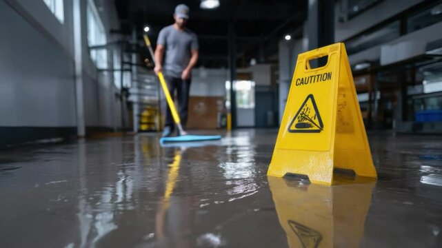 Caution: Wet Floor: An employee mops a wet floor with caution, safety sign indicates potential slip hazard, while working in industrial environment.
