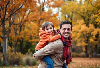 Fototapeta premium Autumn park, piggyback ride, happy family, fall foliage, child, parent, piggyback, playful