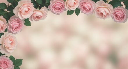 可憐な淡いピンクのバラ 柔らかな光で輝く花枠. AI Generated