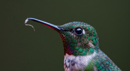 Obraz premium Close-up of a vibrant hummingbird with iridescent green and gray feathers, in a natural outdoor setting. The hummingbird is in profile view, its beak slightly angled, with a soft-focus background.