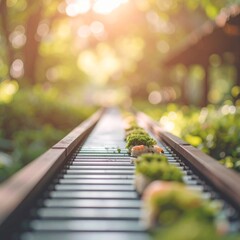 conveyor belt resembling a sushi bar in lush greenery