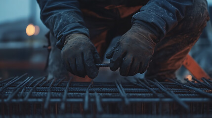 Construction Worker Handling Reinforcement Steel