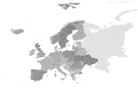 Europe vector map with country and administrative level 1 boundaries (Compact Miller projection, PPT-compatible & fully editable)