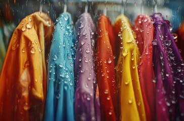 Colorful clothes on a rack under heavy rain, water beading on fabric