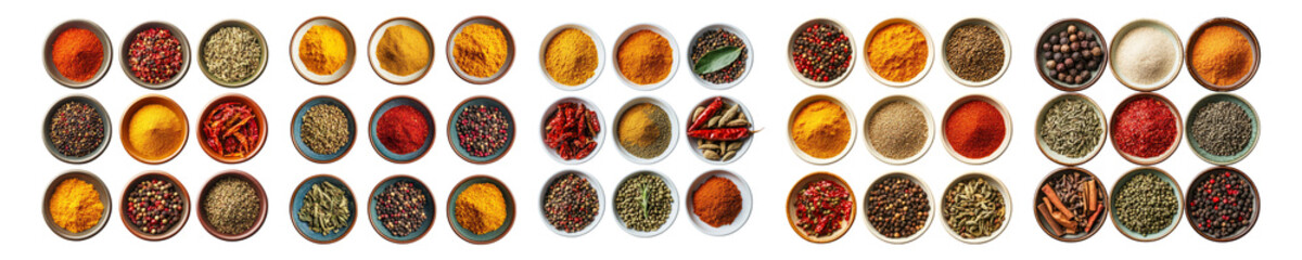Colorful Arrangement of Spices in Bowls on a Dark Background, Isolated on Transparent, white background