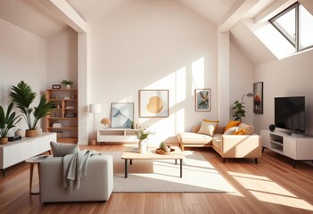 Bright, airy loft living room with stylish minimalist decor, coffee table, glass