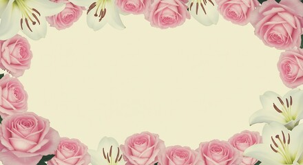淡いピンク薔薇と百合の優美な花枠 優しい光で輝く. AI Generated