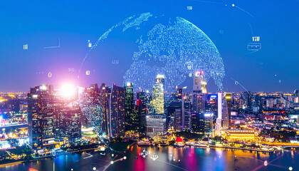 Obraz premium Futuristic cityscape with holographic globe above skyscrapers at night