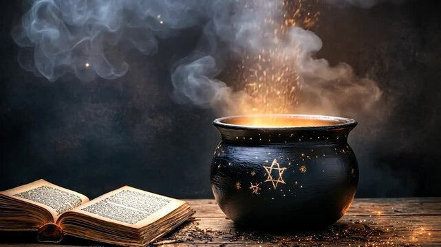 Magic cauldron with antique book on wooden table.
