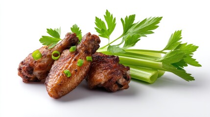 roasted Chicken wings with celery isolated on White background