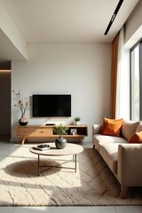 Bright japandi living room with minimalist decor and natural light, natural light, japandi