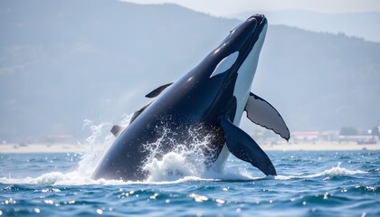 Fototapeta premium A massive, black and white marine mammal propels its body vertically out of the water
