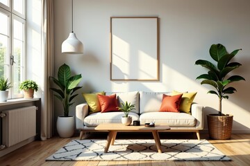 Bright living room with stylish poster and cozy furniture, home, design