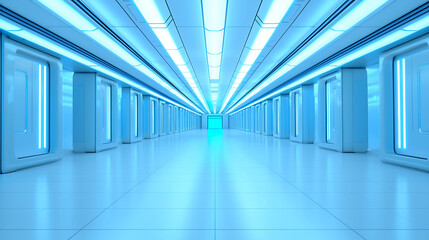 Futuristic corridor with blue lighting and sleek design creates modern atmosphere