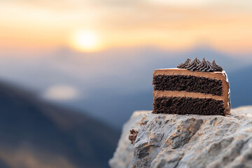 Delicious chocolate cake slice on rocky surface with beautiful sunset in background, evoking sense of tranquility