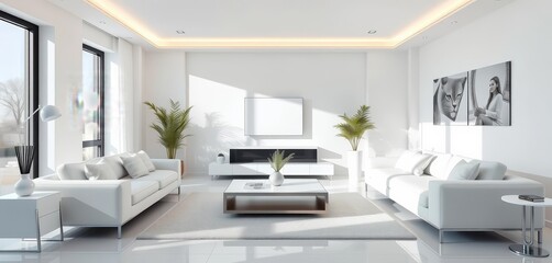 Bright, minimalist white living room with modern furniture, interior, rug