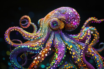 Obraz premium octopus with colorful tentacles made of dots, showcasing intricate patterns and textures, evokes sense of wonder and creativity in underwater world