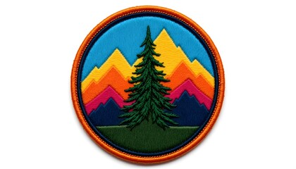 A circular patch displays a stylized mountain range silhouette against a gradient sky, transitioning from a deep blue at the top to a warm orange at the bottom