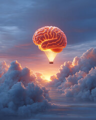 A brain-shaped hot air balloon floats above soft clouds, sun illuminating the sky