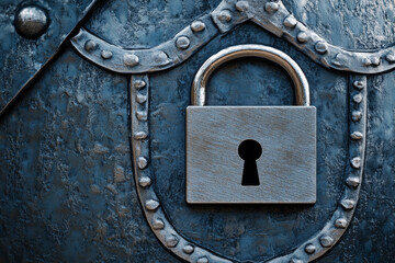 metallic shield featuring prominent padlock, symbolizing security and protection. intricate details and textures evoke sense of strength and reliability in safeguarding valuable information