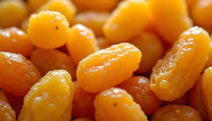 A tightly framed composition showcases a mixture of golden and brown dried grapes, their surfaces exhibiting a range of textures