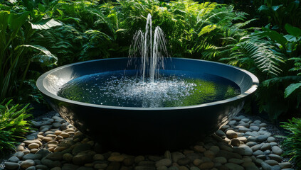 modern fountain with water cascading into elegant basin surrounded by lush greenery creates serene atmosphere. gentle sound of water enhances tranquil environment