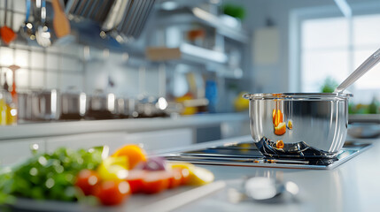 Modern kitchen scene featuring stainless steel pot stove, reflecting colorful vegetables and vibrant salad cutting board