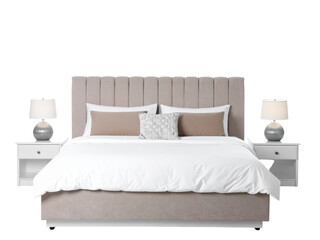 Inviting bedroom decor, a serene retreat with plush beige pillows and white headboard
