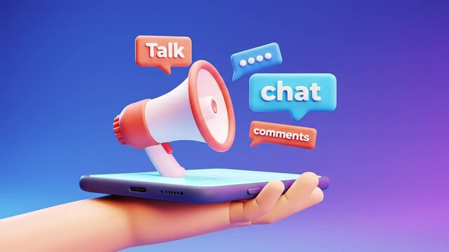 3D rendered minimal cartoon of a hand holding a smartphone with a megaphone notification, featuring talk, chat, and comment bubbles around it.