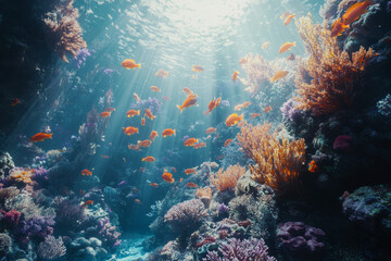 Fototapeta premium underwater scene showcasing beautiful coral reef with many colorful fish swimming around, illuminated by sunlight filtering through water, creating serene and enchanting atmosphere