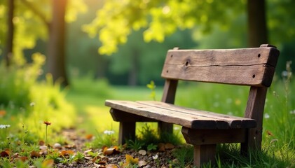 Rustic wooden bench against a blurred natural background , shadow, idyllic
